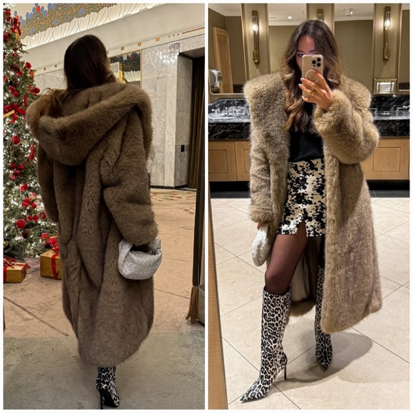Zara Hooded Faux Fur Coat - Picture 9 of 14